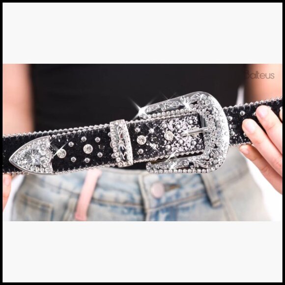 Sparkly Rhinestone Diamond Sequin Studded Faux Leather Belt main image 6